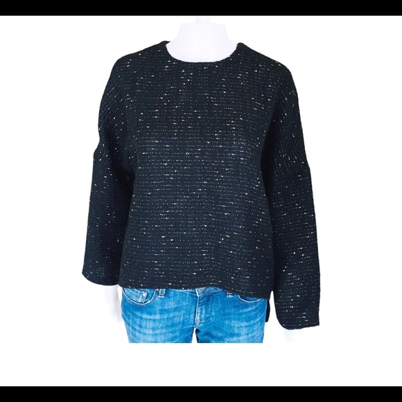ZARA Woman Metallic Confetti Tweed Boxy Sweater With Back Keyhole Black Sz Small - Picture 9 of 12